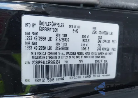 2003 Chrysler Town & Country Limited from USA, damaged, VIN 2C8GP64L13R286354